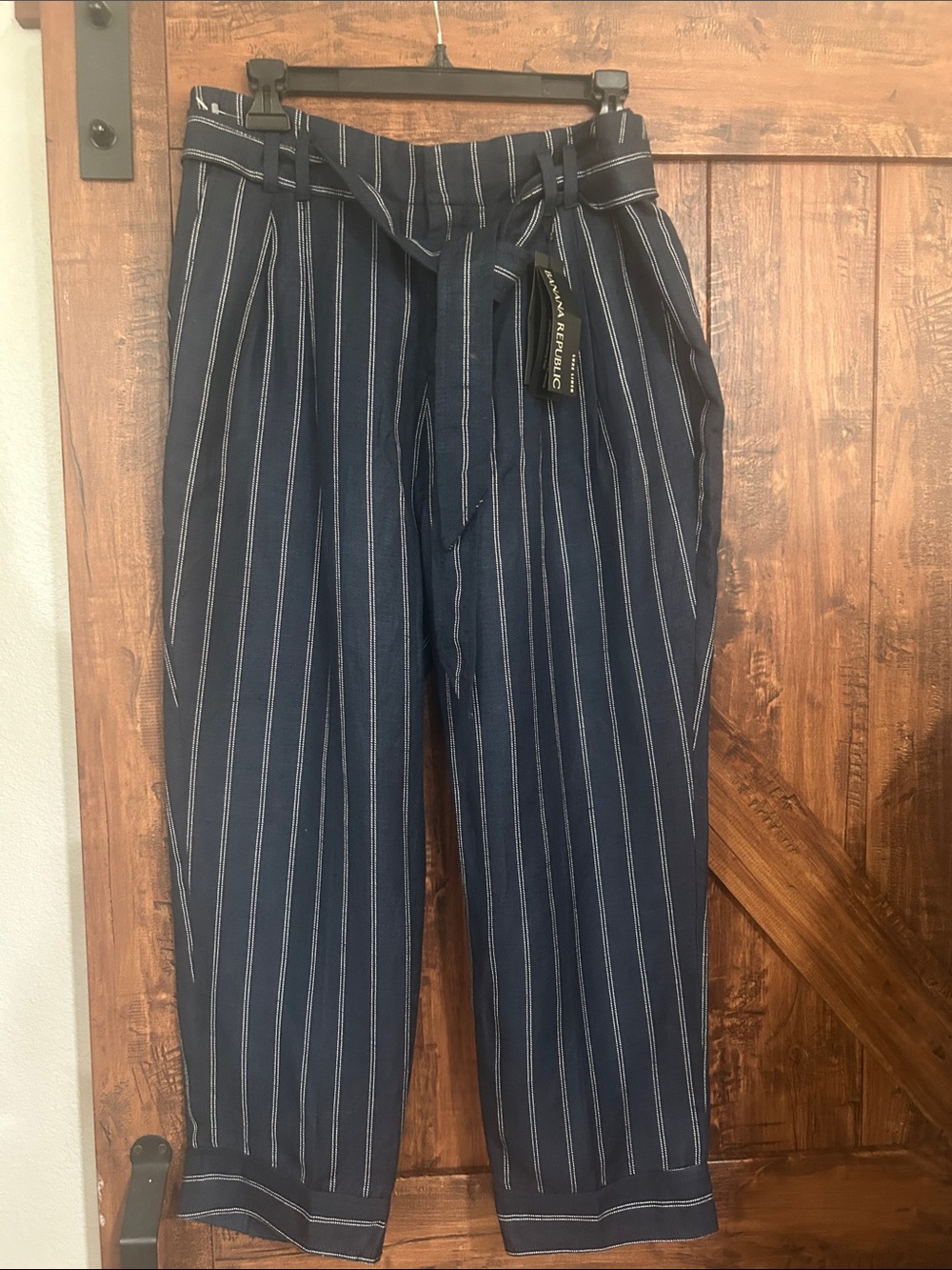 Banana Republic Navy Pinstripe Paperbag Waist Chinos